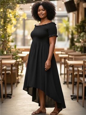 Torrid Black Smocked Off-Shoulder High-Low Dress Size 3X Plus Size Hi-Lo Boho